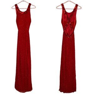 Vintage Cache Small S 100% Silk Red Embellished Prom Dress Maxi Evening Gown‎